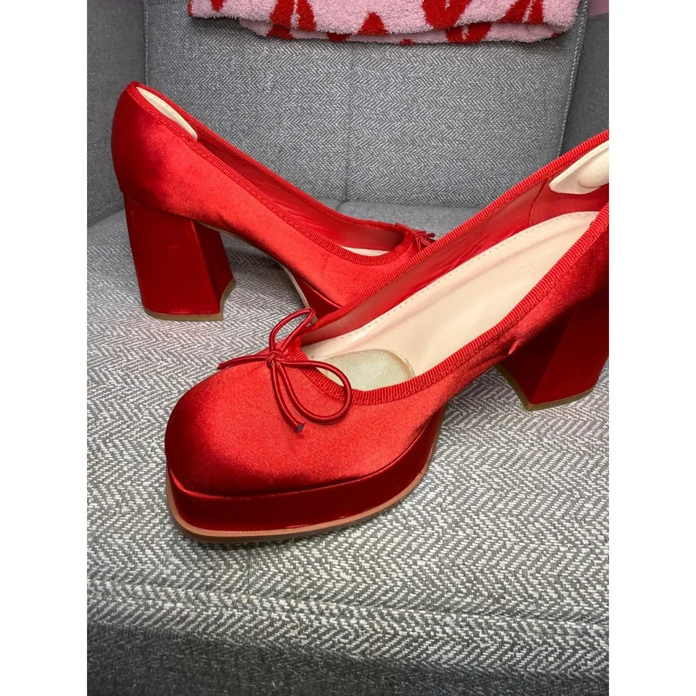 Coutgo Red‎ Satin Platform Pumps Block Heel Square Toe Bow Heels Womens 8.5